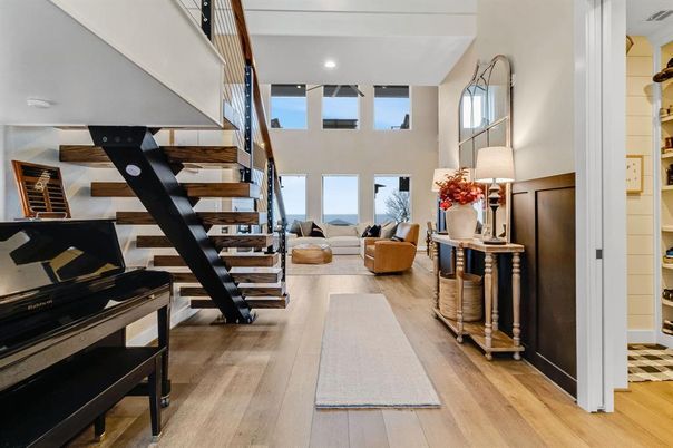 Interior, Living room, Piano, Recessed Lighting, Wood Texture Flooring