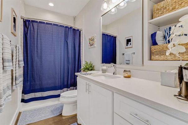 Bathroom, Interior, Recessed Lighting, Wood Texture Flooring