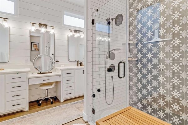 Bathroom, Glass Shower, Interior, Wood Texture Flooring