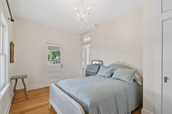 Bedroom, Chandelier, Interior, Wood Texture Flooring