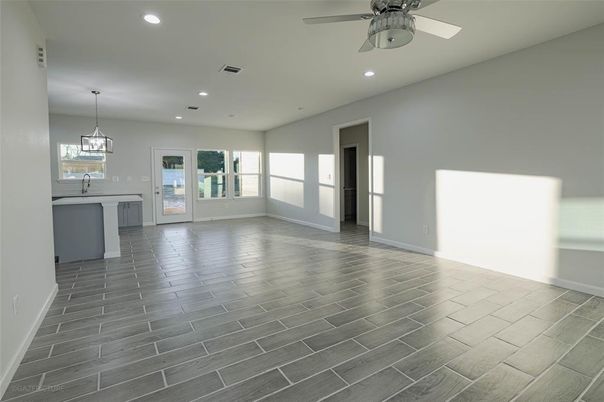 Empty room, Interior, Kitchen, Pendant Lights, Recessed Lighting, Wood Texture Flooring