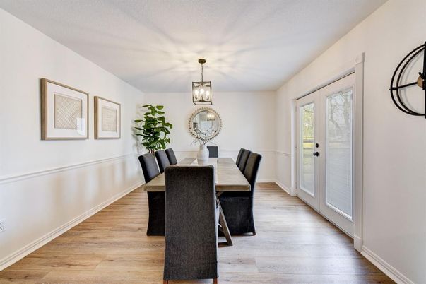 Dining room, Interior, Pendant Lights, Wood Texture Flooring