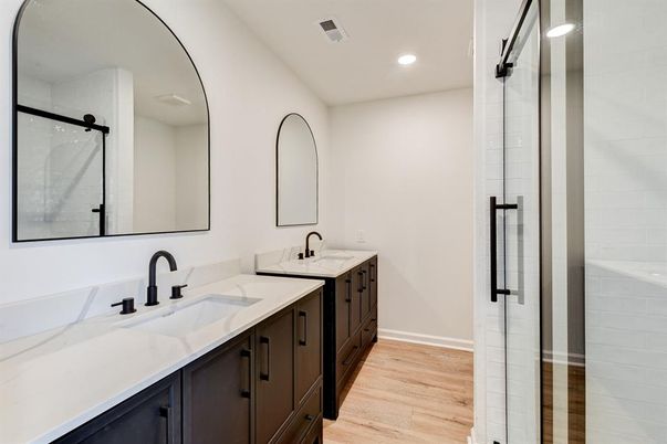 Bathroom, Dual Sink Vanities, Interior, Recessed Lighting, Wood Texture Flooring