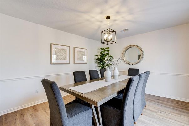 Dining room, Interior, Pendant Lights, Wood Texture Flooring