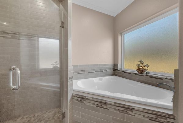 Bathroom, Dual Sink Vanities, Glass Shower, Interior, Recessed Lighting, Wood Texture Flooring