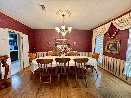 Chandelier, Dining room, Interior, Wood Texture Flooring