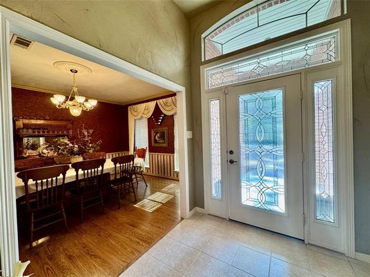 Chandelier, Dining room, Interior, Wood Texture Flooring