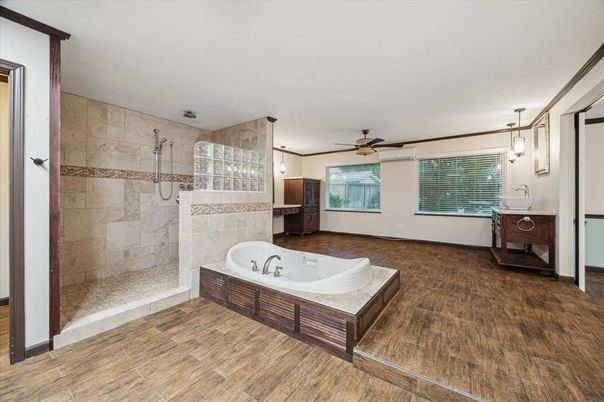 Bathroom, Glass Shower, Interior, Pendant Lights, Stone Walls, Wood Texture Flooring