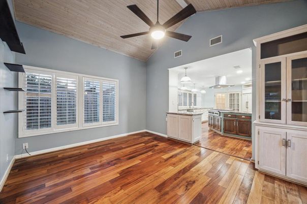 Empty room, Interior, Kitchen, Pendant Lights, Recessed Lighting, Wooden Ceilings, Wood Texture Flooring