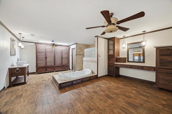 Bathroom, Glass Shower, Interior, Pendant Lights, Wood Texture Flooring