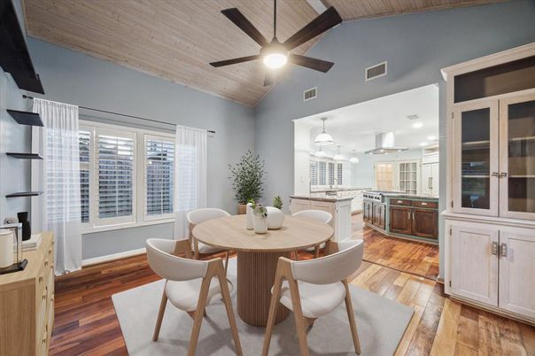 Dining room, Interior, Kitchen, Pendant Lights, Recessed Lighting, Wooden Ceilings, Wood Texture Flooring
