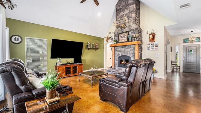 Fireplace, Interior, Living room, Pendant Lights, Wood Texture Flooring