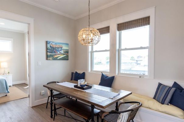 Dining room, Interior, Pendant Lights, Wood Texture Flooring