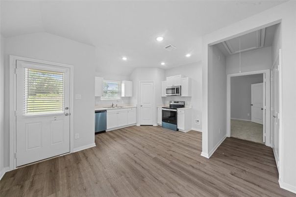 Interior, Kitchen, Recessed Lighting, Stainless Steel Appliances, Wood Texture Flooring