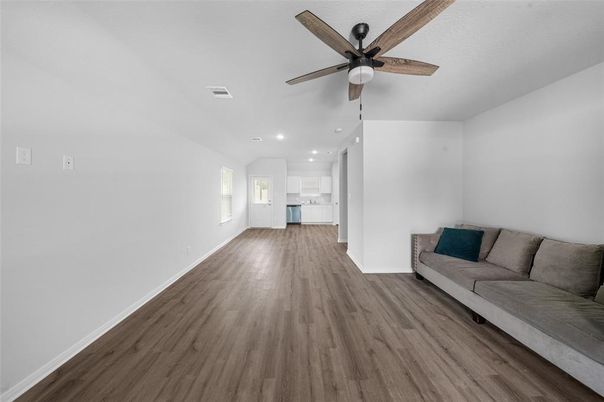 Empty room, Interior, Kitchen, Recessed Lighting, Wood Texture Flooring