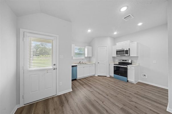 Interior, Kitchen, Recessed Lighting, Stainless Steel Appliances, Wood Texture Flooring