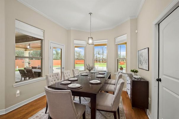 Dining room, Interior, Pendant Lights, Wood Texture Flooring
