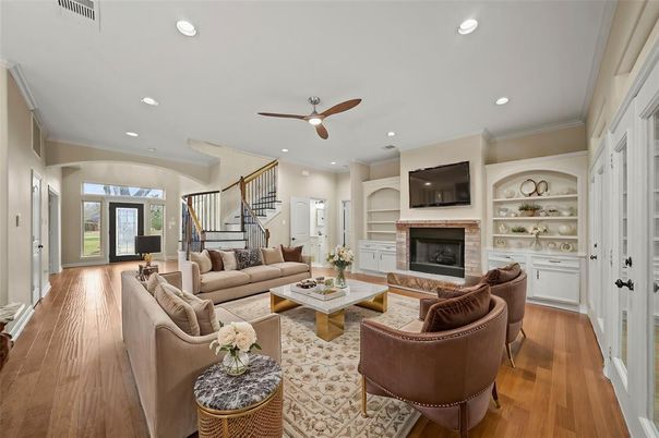Fireplace, Interior, Living room, Recessed Lighting, Wood Texture Flooring