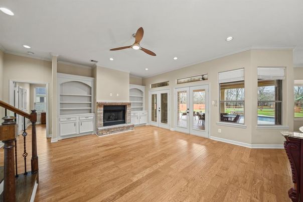 Empty room, Fireplace, Interior, Recessed Lighting, Wood Texture Flooring