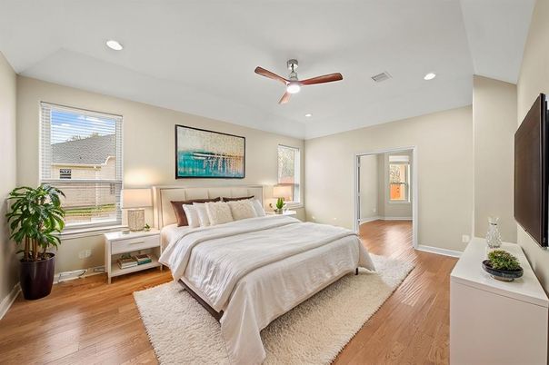 Bedroom, Interior, Recessed Lighting, Wood Texture Flooring