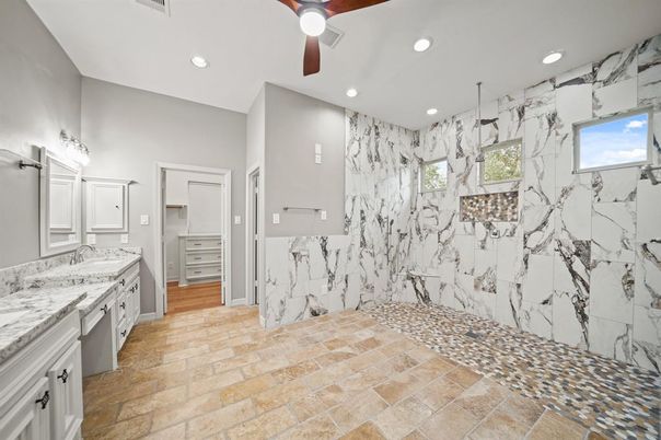 Bathroom, Dual Sink Vanities, Interior, Marble Walls, Recessed Lighting