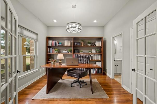 Home Office, Interior, Pendant Lights, Recessed Lighting, Wood Texture Flooring
