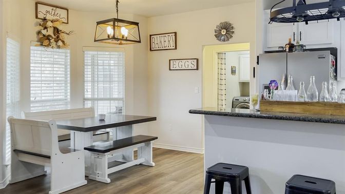 Dining room, Interior, Pendant Lights, Wood Texture Flooring