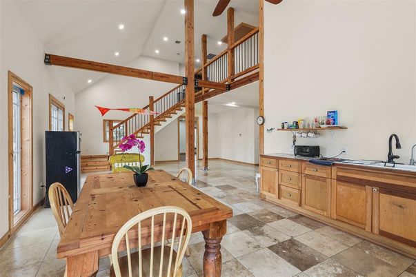 Dining room, Interior, Recessed Lighting, Wooden Beams