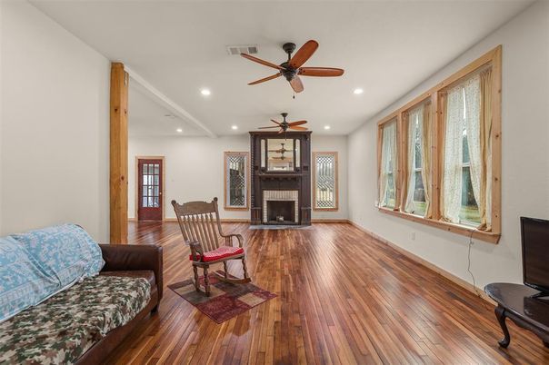 Fireplace, Interior, Recessed Lighting, Wood Texture Flooring