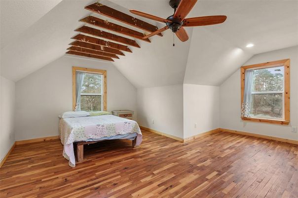 Bedroom, Interior, Recessed Lighting, Wooden Beams, Wood Texture Flooring
