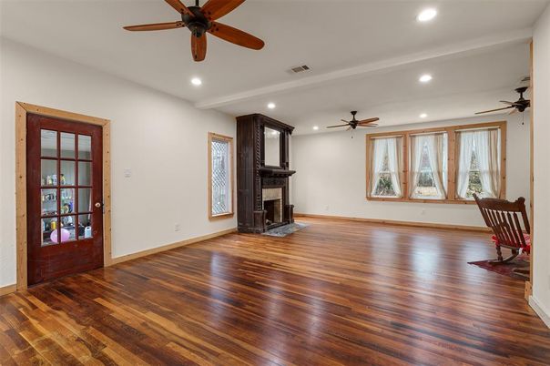 Empty room, Fireplace, Interior, Recessed Lighting, Wood Texture Flooring