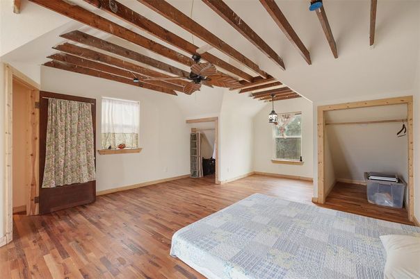 Bedroom, Interior, Pendant Lights, Wooden Beams, Wood Texture Flooring