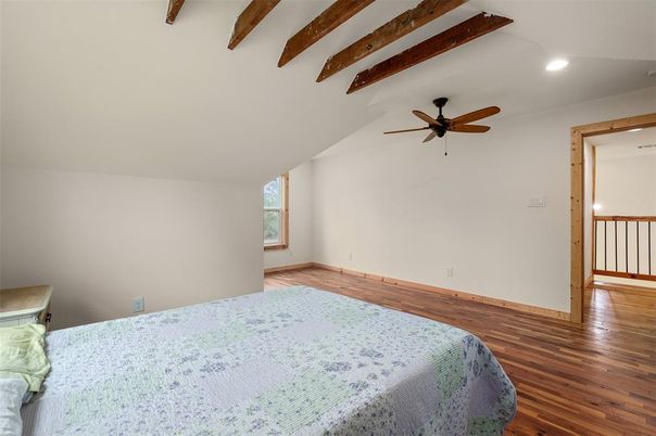 Bedroom, Interior, Recessed Lighting, Wooden Beams, Wood Texture Flooring