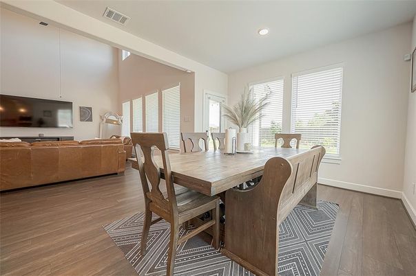 Dining room, Interior, Living room, Recessed Lighting, Wood Texture Flooring