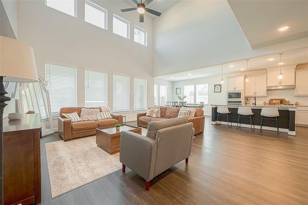 Interior, Kitchen, Living room, Pendant Lights, Recessed Lighting, Wood Texture Flooring