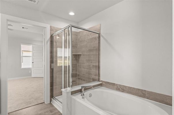 Bathroom, Glass Shower, Interior, Recessed Lighting, Wood Texture Flooring