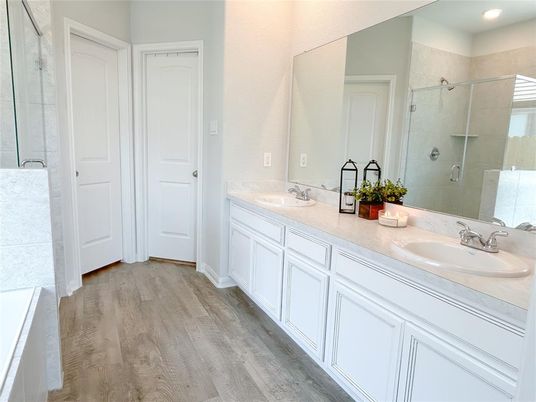 Bathroom, Dual Sink Vanities, Interior, Recessed Lighting, Wood Texture Flooring