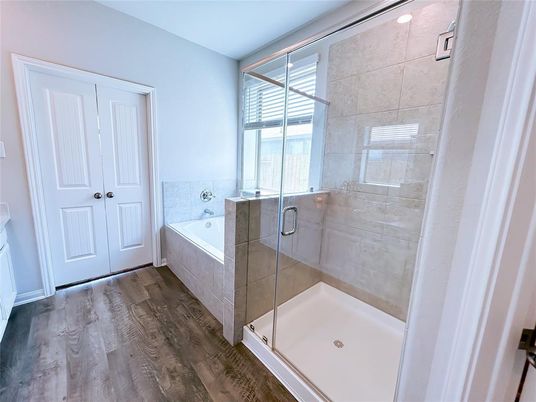 Bathroom, Glass Shower, Interior, Wood Texture Flooring
