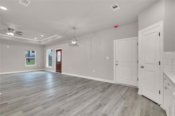 Empty room, Interior, Pendant Lights, Recessed Lighting, Wood Texture Flooring