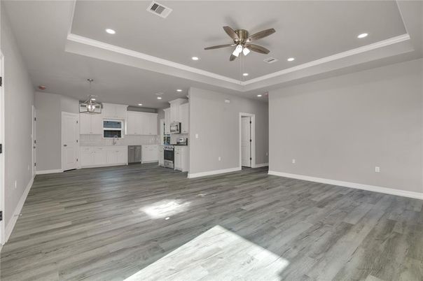 Chandelier, Interior, Kitchen, Pendant Lights, Recessed Lighting, Stainless Steel Appliances, Wood Texture Flooring