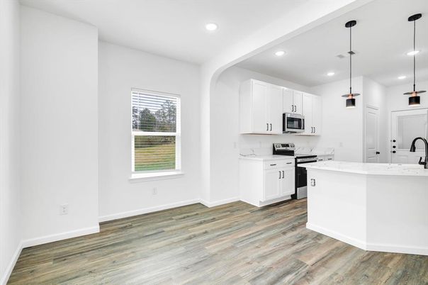 Interior, Kitchen, Pendant Lights, Recessed Lighting, Wood Texture Flooring