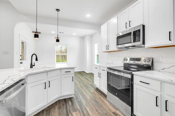 Interior, Kitchen, Pendant Lights, Recessed Lighting, Stainless Steel Appliances, Wood Texture Flooring