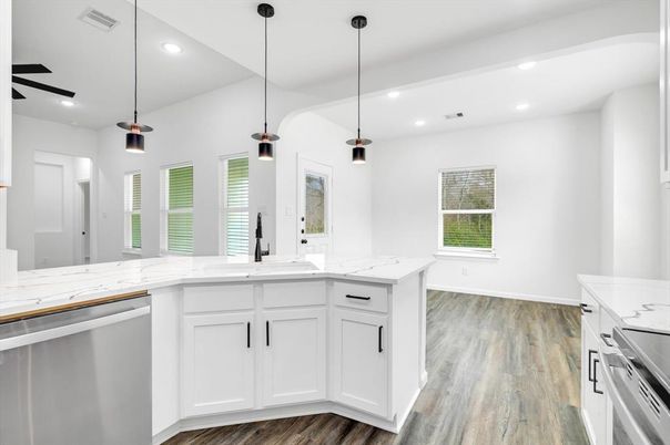 Interior, Kitchen, Pendant Lights, Recessed Lighting, Stainless Steel Appliances, Wood Texture Flooring