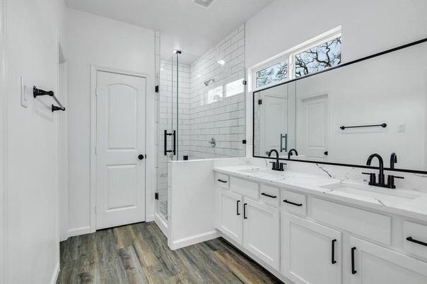 Bathroom, Dual Sink Vanities, Glass Shower, Interior, Wood Texture Flooring