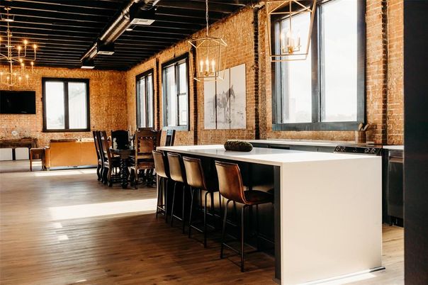Dining room, Interior, Kitchen, Pendant Lights, Stone Walls, Wood Texture Flooring