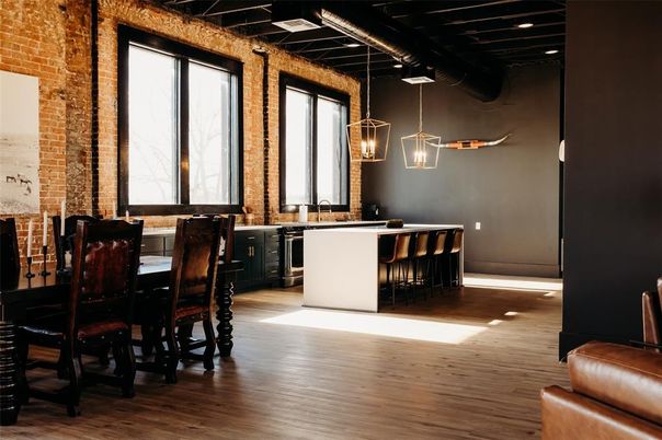 Dining room, Interior, Kitchen, Pendant Lights, Stone Walls, Wood Texture Flooring