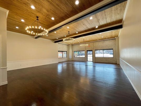 Chandelier, Empty room, Interior, Recessed Lighting, Wooden Beams, Wooden Ceilings, Wood Texture Flooring
