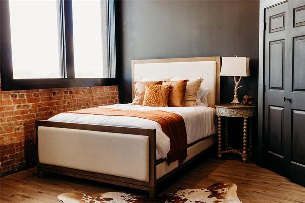 Bedroom, Interior, Stone Walls, Wood Texture Flooring