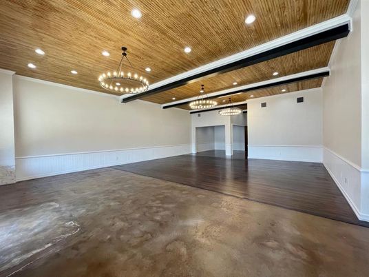 Empty room, Interior, Pendant Lights, Recessed Lighting, Wooden Ceilings, Wood Texture Flooring