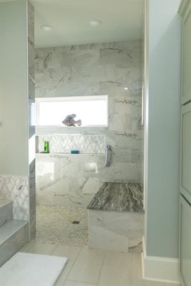 Bathroom, Glass Shower, Interior, Marble Walls, Recessed Lighting